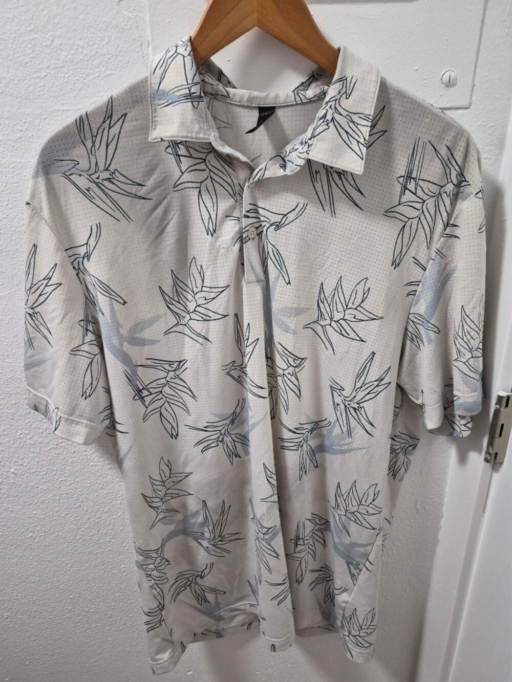Adidas Tropical Leaf Print Short Sleeve Button Up Shirt Mens Size M White Blue